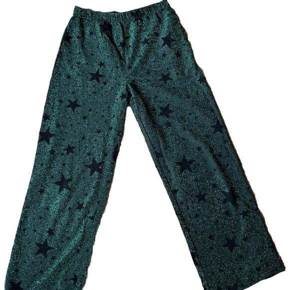 Women's Allegra K Green Metallic Stars Elastic Waist Flare Leg Size Medium - Picture 1 of 2